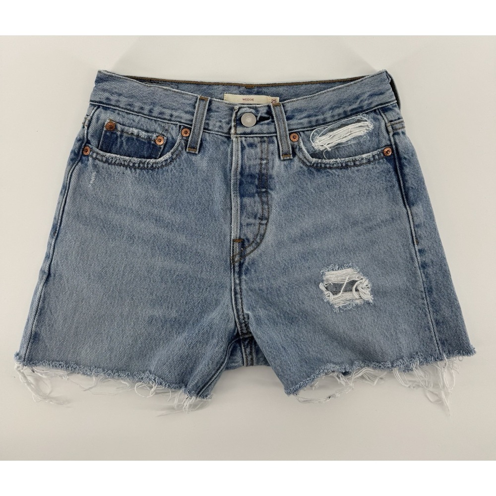 Levi's Wedgie High Rise Cut Off Blue Denim Shorts Distressed Button Fly Size 25W